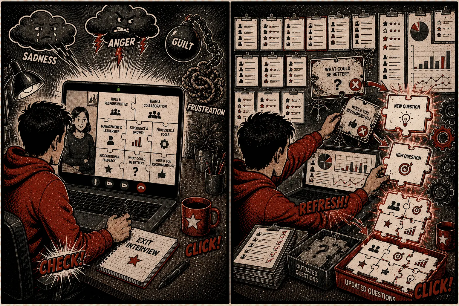 Comic: a standard exit interview question set being reviewed and refreshed over time