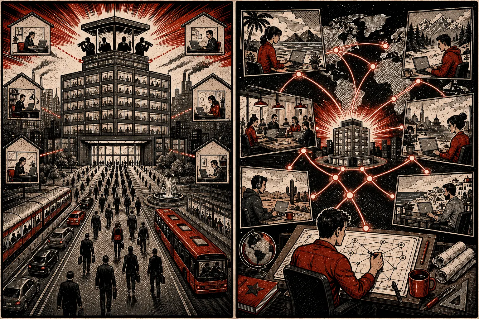 Comic: crowded office commute versus a globally distributed remote network