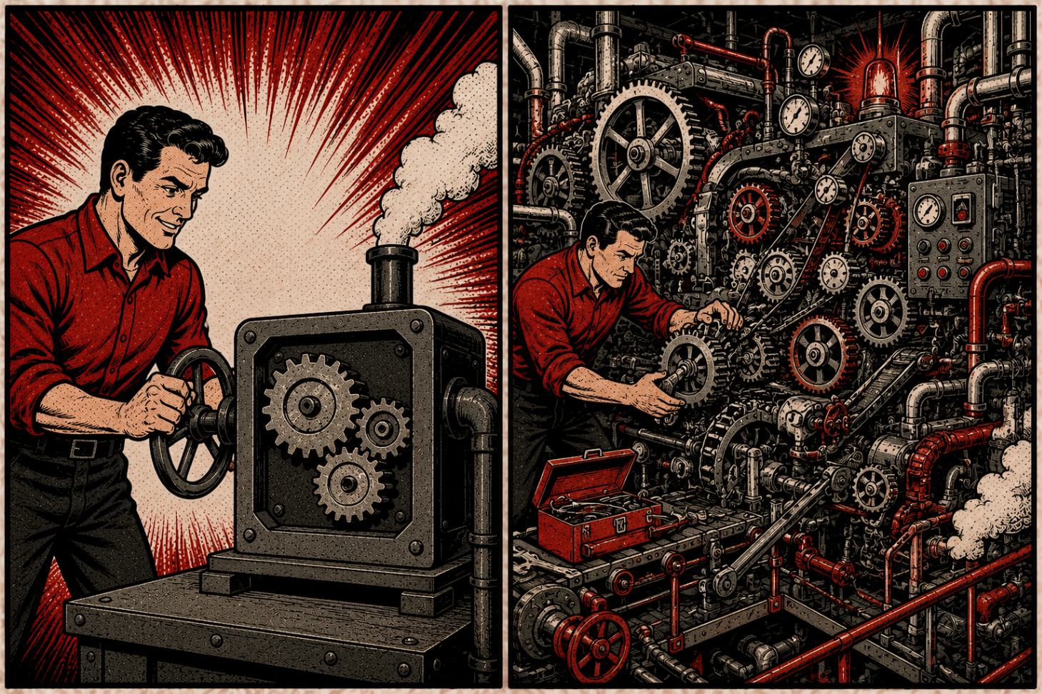 Comic: performance systems evolving from a simple machine to a complex, refined engine