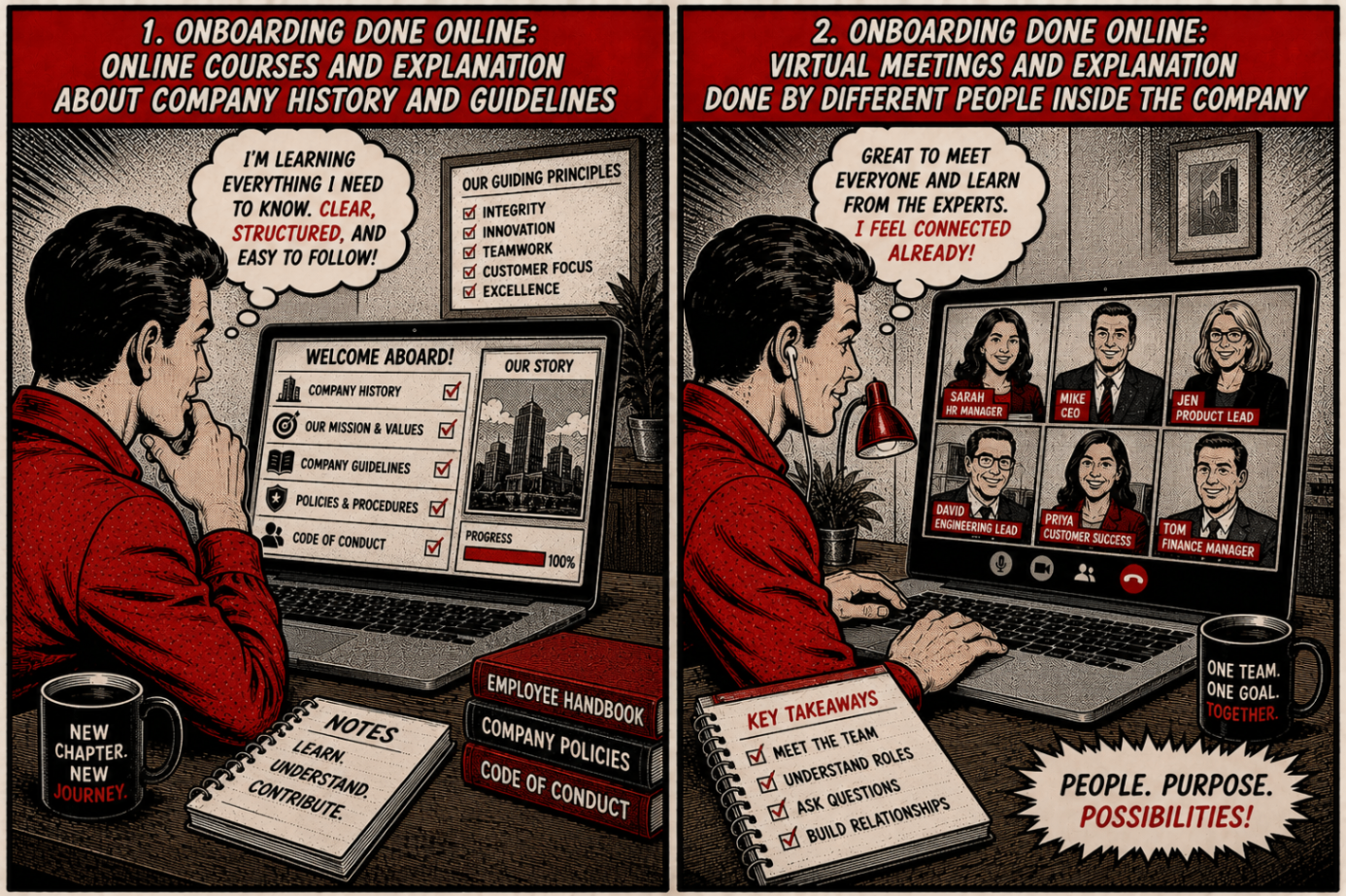 Online onboarding with courses and virtual meetings