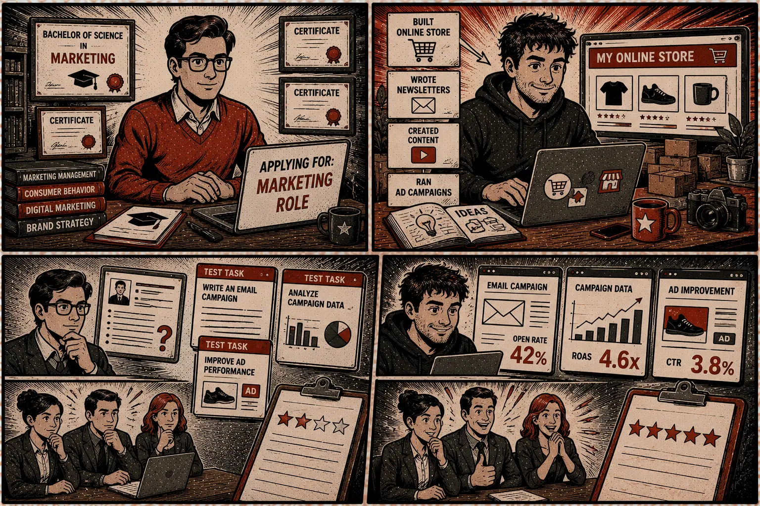 Comic: two candidates for a marketing role — certificates vs real campaign results