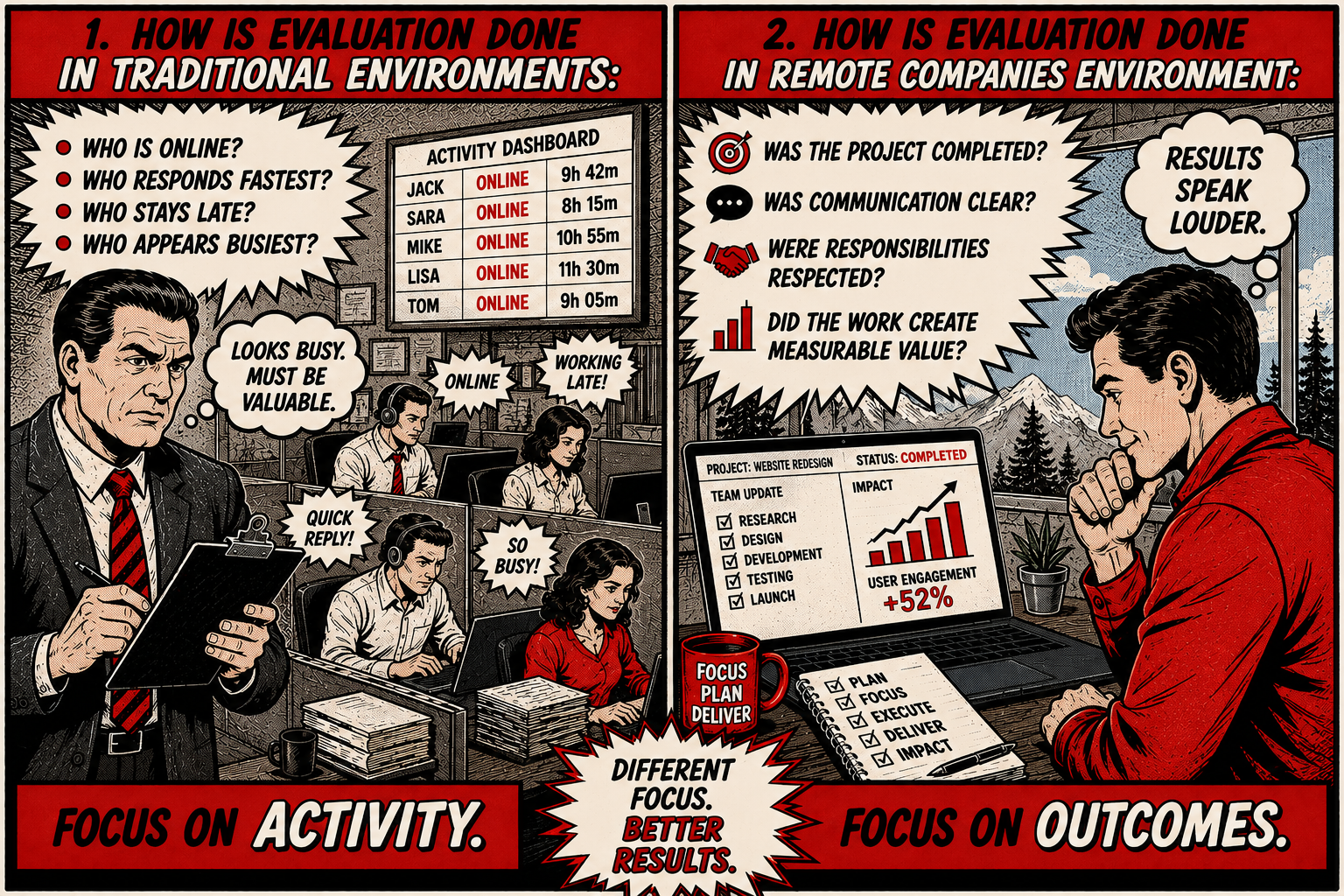 Comic: how evaluation is done in traditional vs remote companies