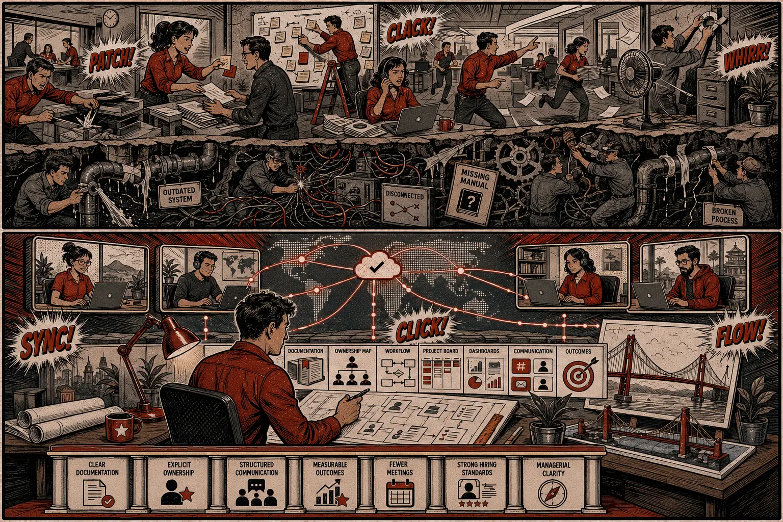 Comic: broken office systems patched by proximity versus documented remote systems