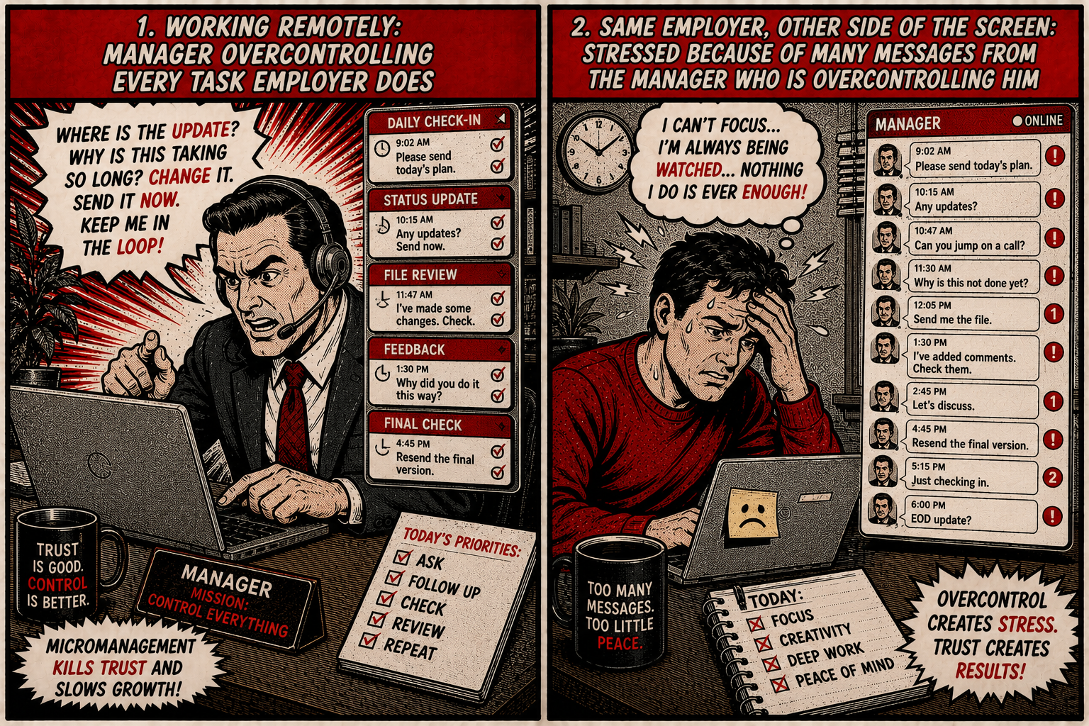 Comic: manager overcontrolling every task vs the stressed employee on the other side of the screen