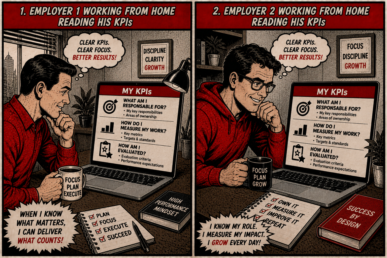Comic: two remote employees reading their KPIs — clarity produces focus and better results