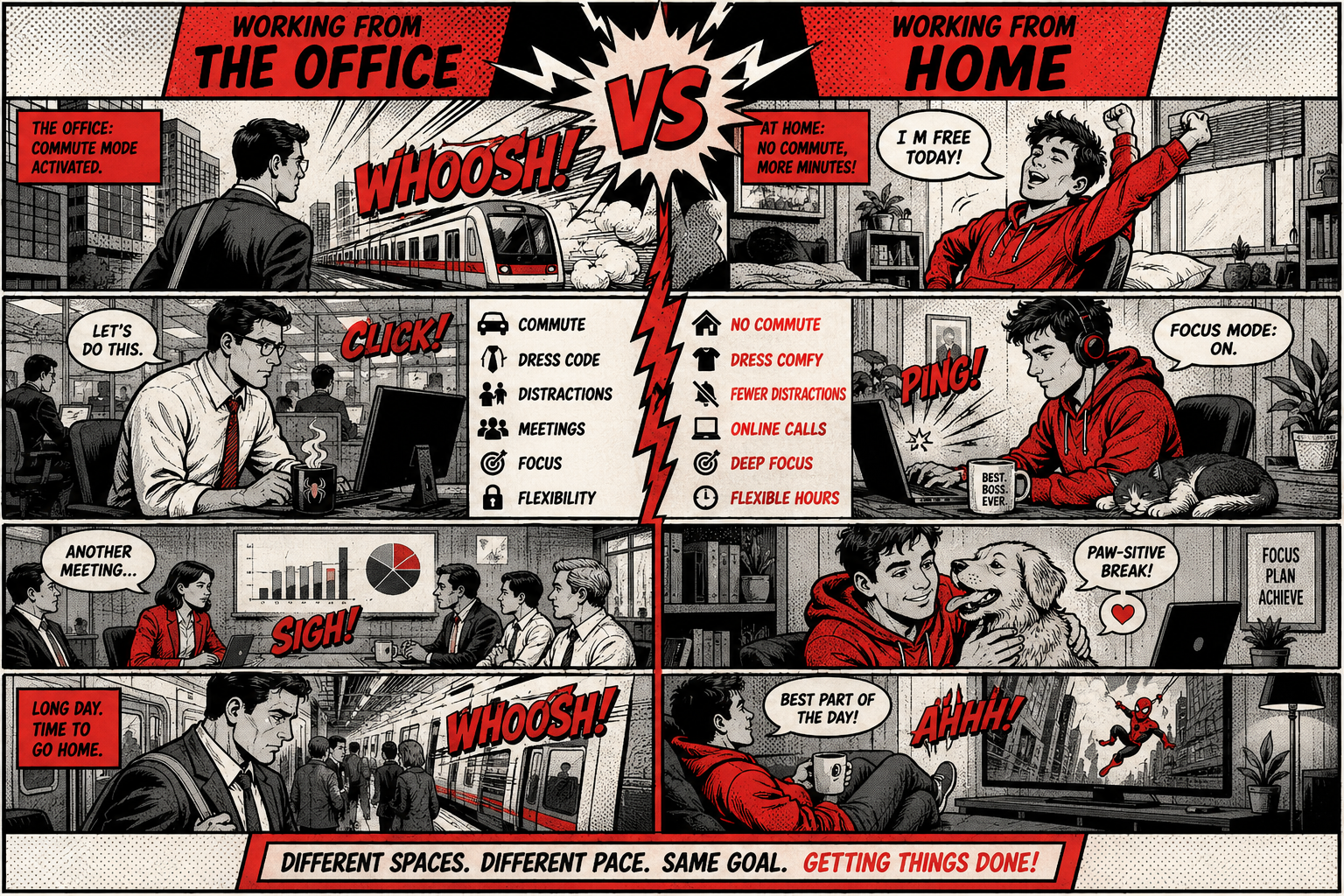 Working from the office vs working from home — comic illustration