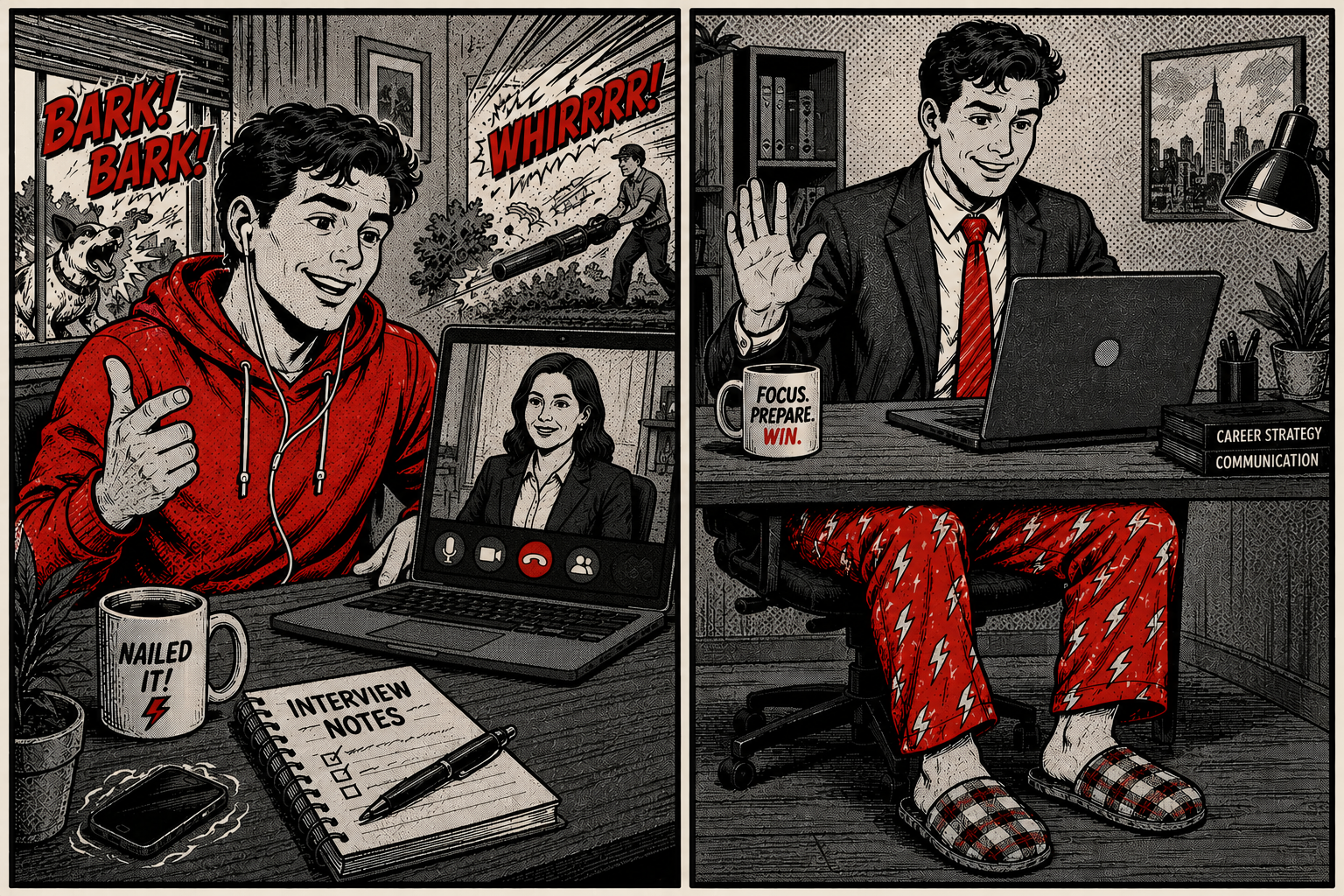 First interview — comic illustration of remote candidates