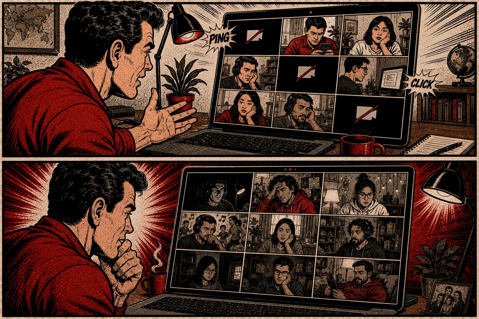 Comic: people working from very dark places or distracted during a video call