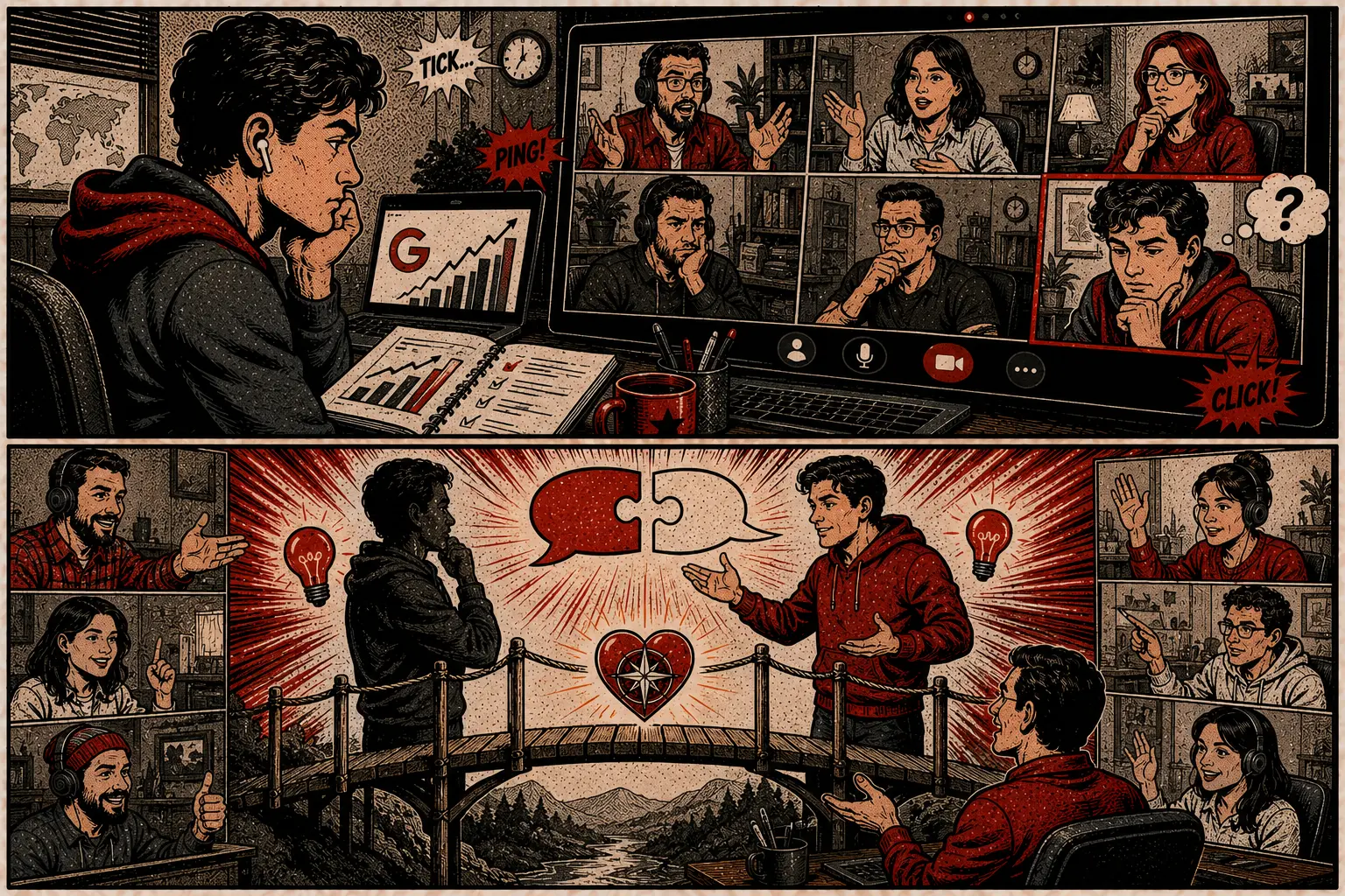 Comic: a silent video call on one side, a bridge built between two colleagues on the other