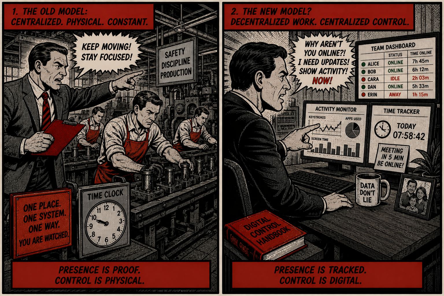 Comic: overcontrolling manager, from physical to digital surveillance