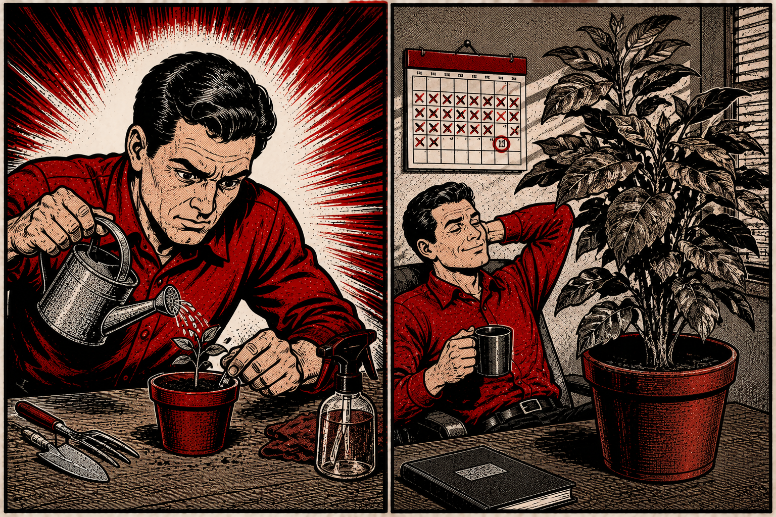 Comic: watering a plant regularly vs neglecting it — the importance of frequent evaluation