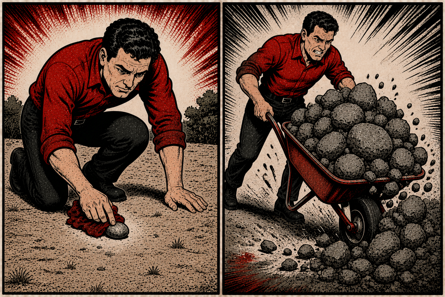 Comic: the manager's responsibility — picking up small stones one by one vs moving them by the wheelbarrow