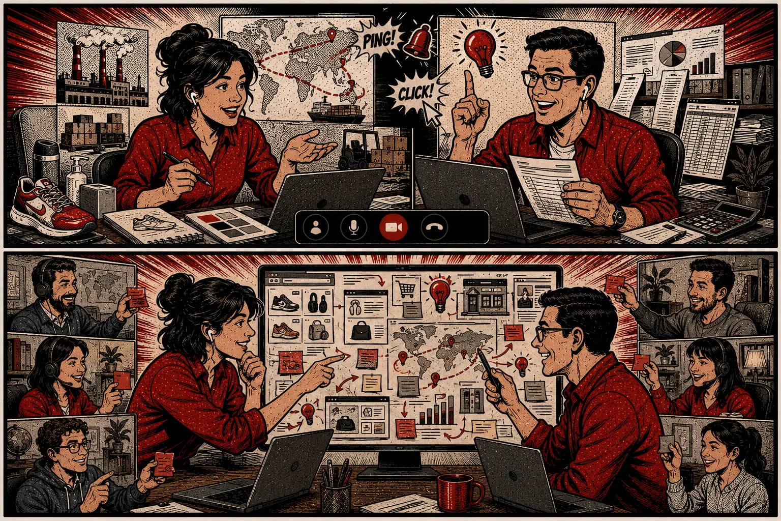 Comic: colleagues across time zones collaborating on a shared virtual whiteboard