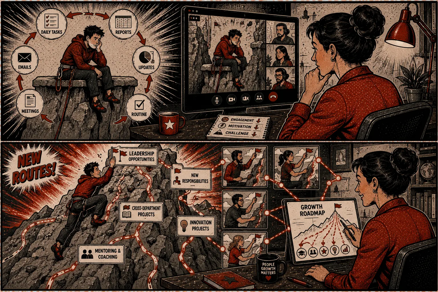 Comic: from routine and falling motivation to new routes on a growth roadmap