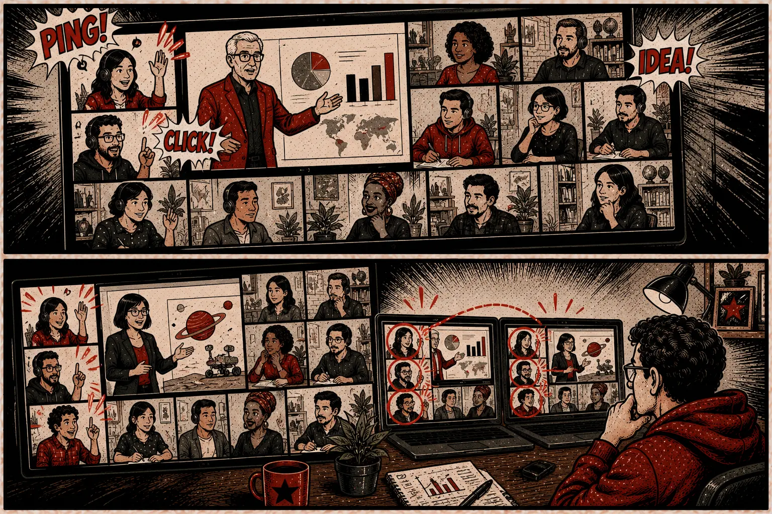 Comic: external experts presenting to remote teams during a learning session