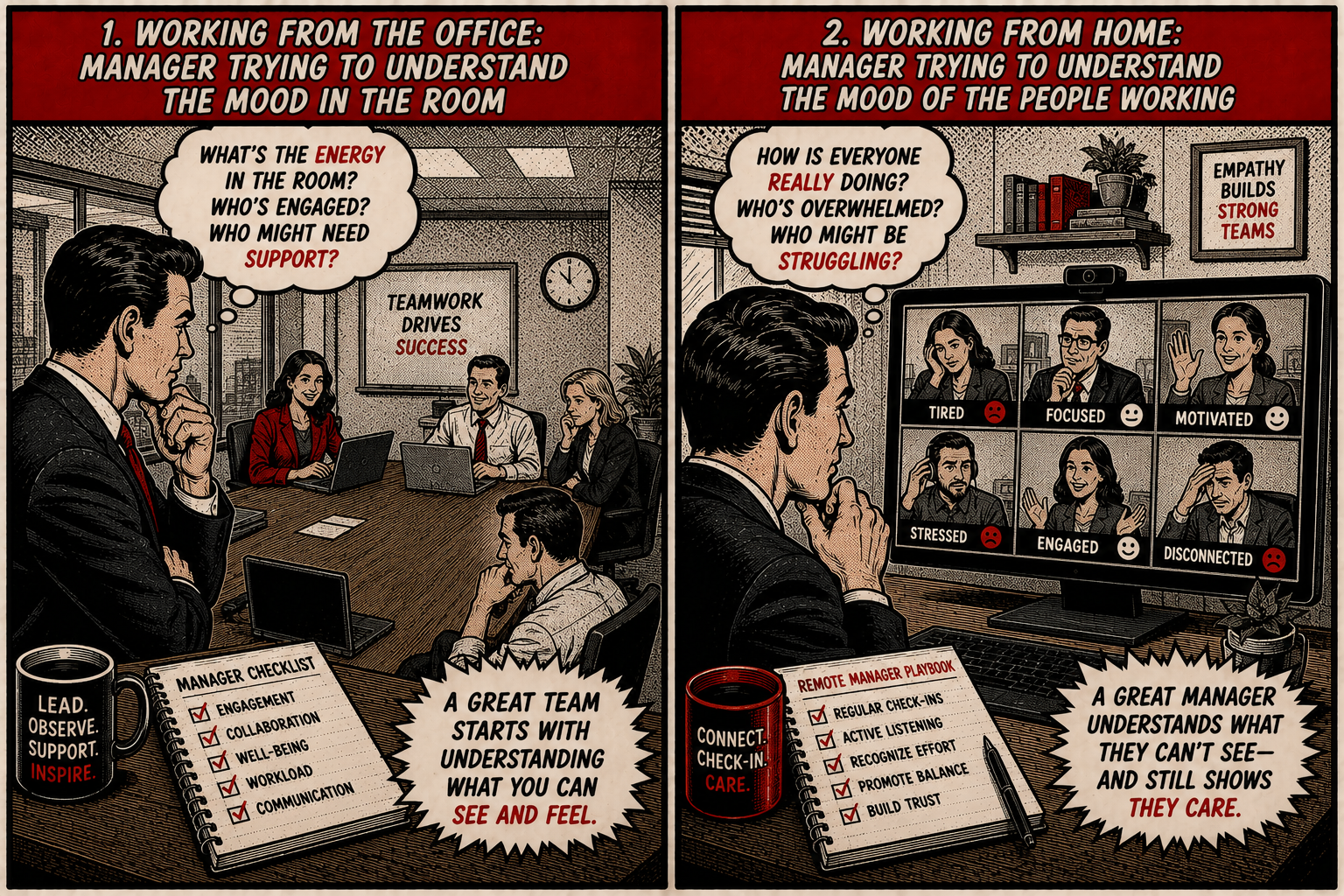 Comic: manager trying to read the mood in the room vs the mood of people working remotely