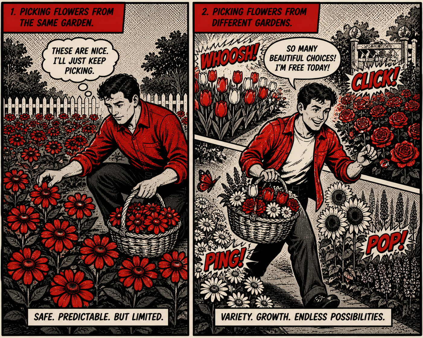 Picking flowers from the same garden vs different gardens — comic illustration