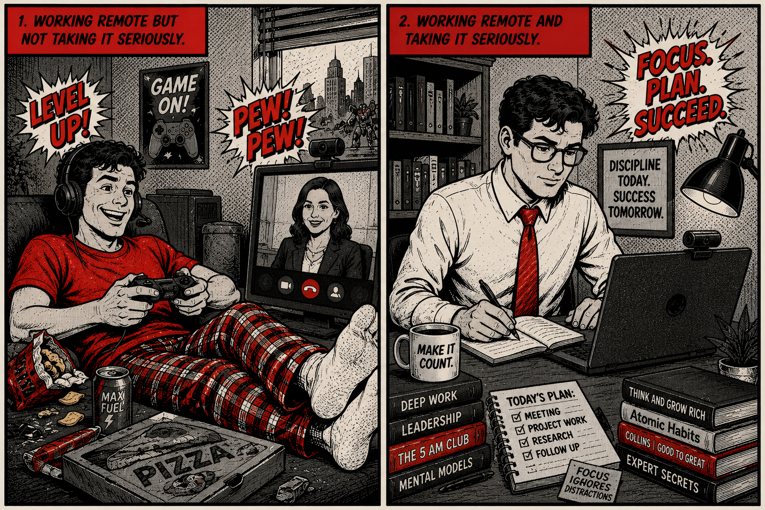 Working remote but not taking it seriously vs taking it seriously — comic illustration